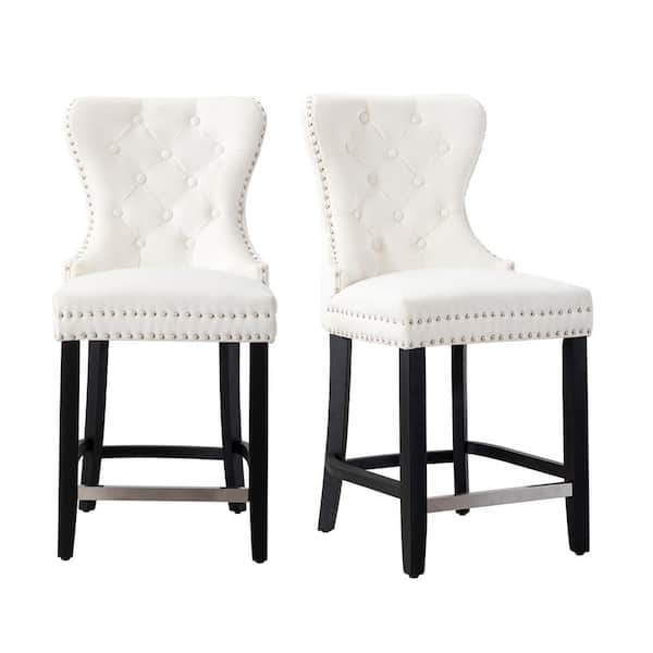 WESTINFURNITURE Harper 24 in. Cream Velvet Tufted Wingback Kitchen Counter Stool with Black Solid Wood Frame (Set of 2)