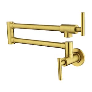 Commercial Wall Mounted Pot Filler Double-Handle Kitchen Sink Faucet Folding Brass Swing Arm Modern Taps in Brushed Gold