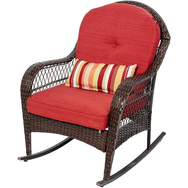 PATIOGUARDER Brown Wicker Outdoor Rocking Chair with Red Cushion and Pillow Set of 1