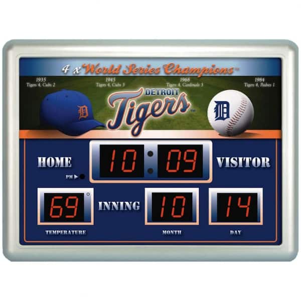Team Sports America Detroit Tigers 14 in. x 19 in. Scoreboard Clock with Temperature