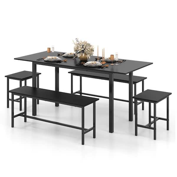 Gymax 5 PCS Black Metal Outdoor Dining Table Set for 4-6 with 2 Benches and 2 Stools