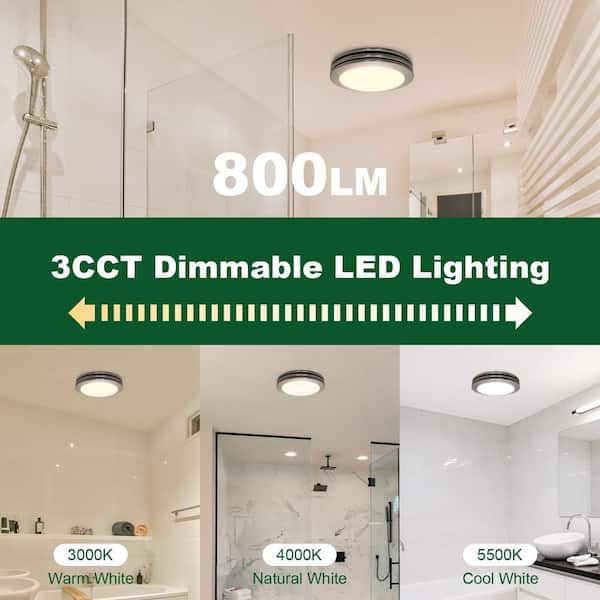 Akicon - Bathroom Exhaust Fan Light, 80 CFM 2-Sones, 15-Watt Dimmable 3000K/4000K/5500K 3CCT LED Light (Brushed Nickel)