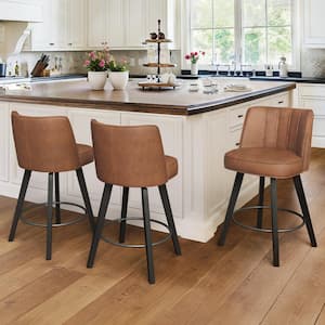 Paul 26 in. Brown Modern Faux Leather 360° Swivel High Back Barstool Solid Wood Counter Height stool (Set of 3)