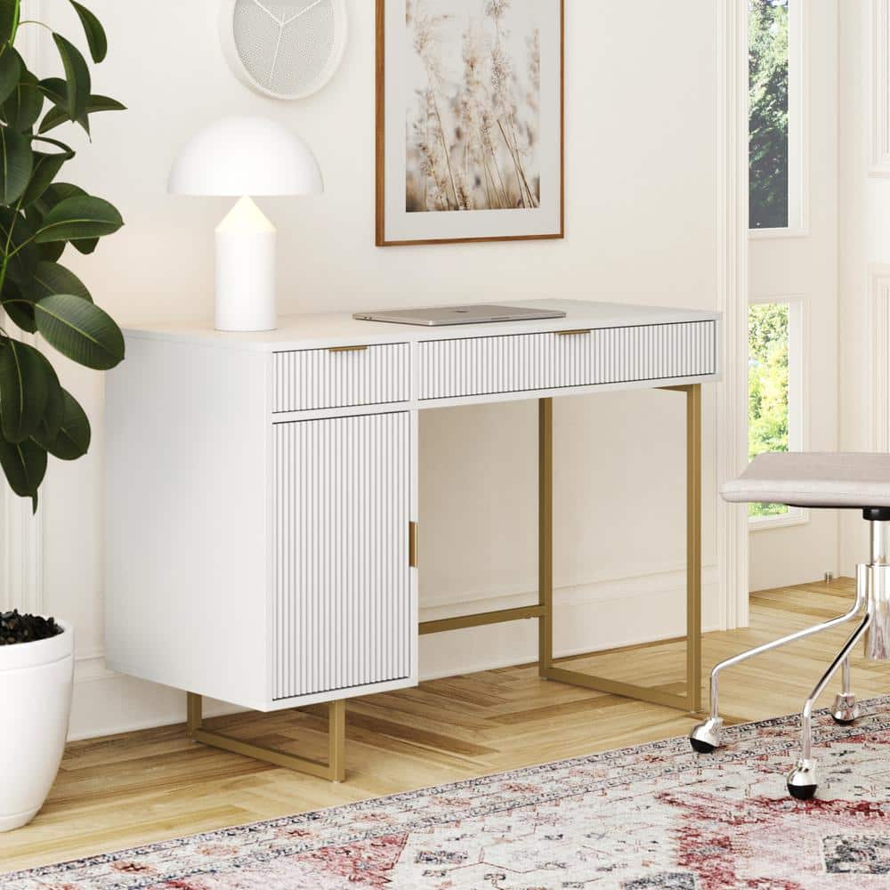Nathan James Jacklyn 44 in. W Small Modern Computer Writing Desk  Workstation with Drawers and Cabinet Storage, White/Pale Gold 56011 - The  Home Depot