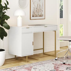 Jacklyn 44 in. W Small Modern Computer Writing Desk Workstation with Drawers and Cabinet Storage, White/Pale Gold