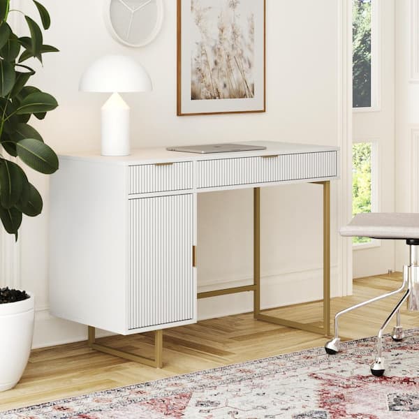 Nathan James Jacklyn 44 in. W Small Modern Computer Writing Desk Workstation with Drawers and Cabinet Storage, White/Pale Gold