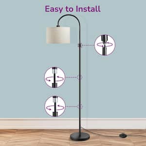 61.8 in. Black 1-Light Arc Floor Lamp for Bed Room with Fabric Drum Shade