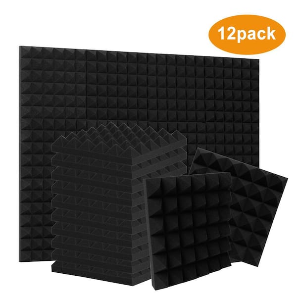 12 in. x 12 in. x 2 in. Black Pyramid-Shaped Foam Acoustic Panels, 12-Pack