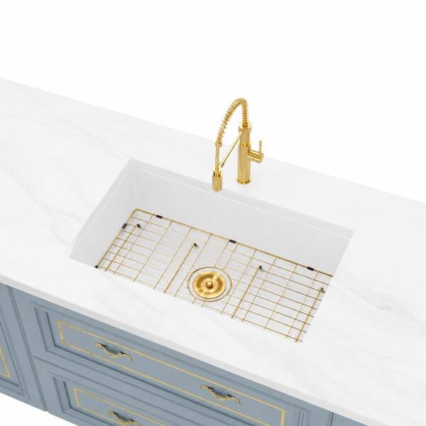 30 in. Undermount Single Bowl White Granite Quartz Composite Kitchen Sink 9 in. Deep with Accessories