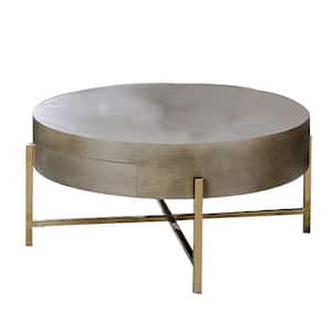 32 in. Brown and Gold Round Wood Top Coffee Table