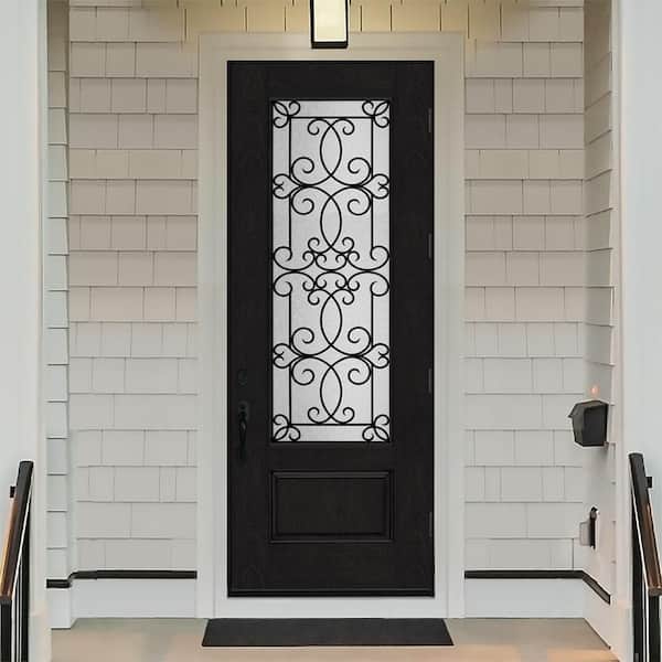 Regency 36 in. x 96 in. 3/4Lite Georgian Decorative Glass LHOS Onyx Mahogany Fiberglass Prehung Front Door