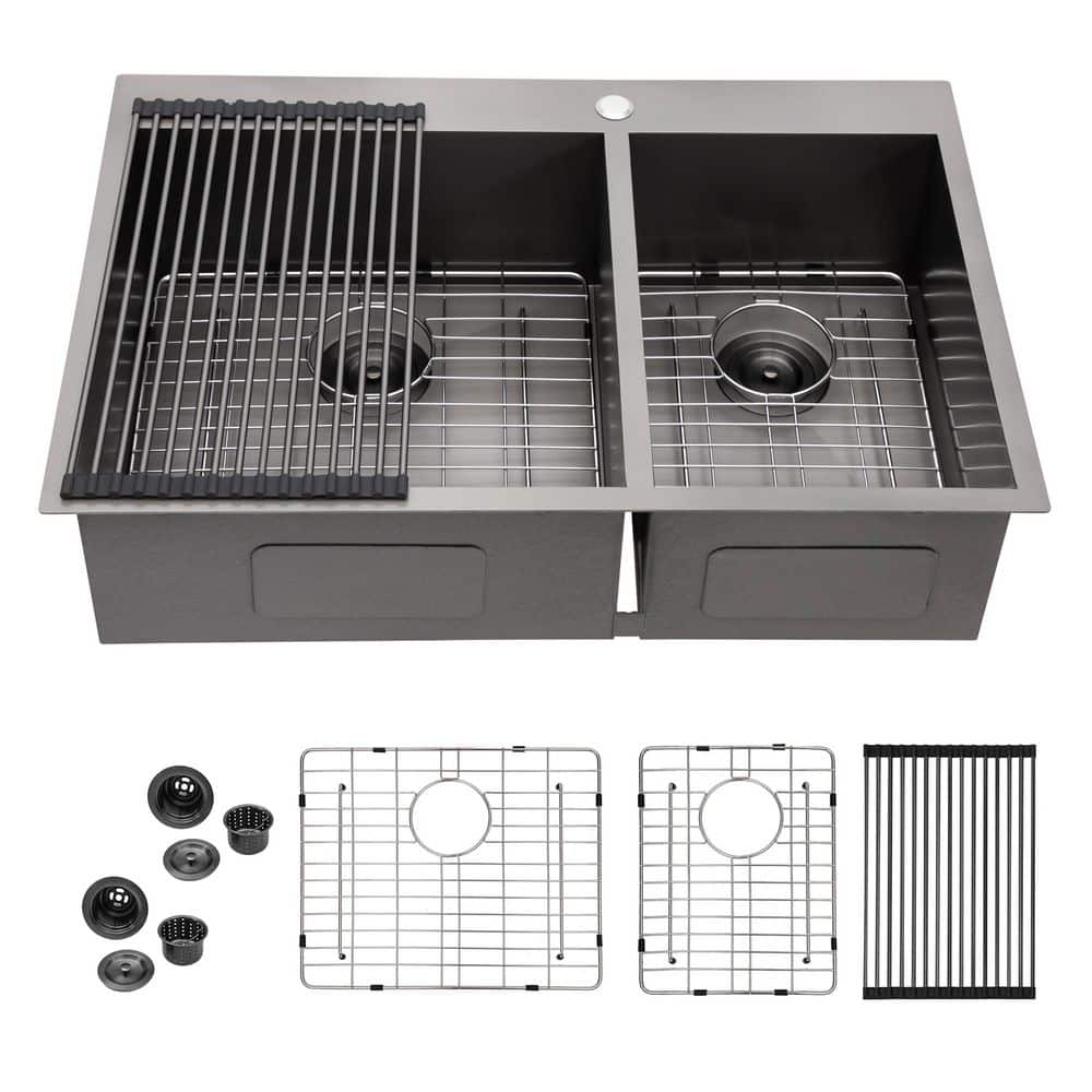 33 in. Drop-in 60/40 Double Bowl 16-Gauge Gunmetal Black Stainless Steel Kitchen Sink price history on PriceWatchPro