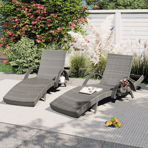 Runesay 2-Piece Gray Rattan Wicker Outdoor Patio Chaise Lounge Reclining Chair Adjustable Backrest Ergonomic Wave Design