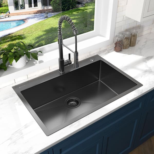 33 in. Drop-In Single Bowl 18 Gauge Gunmetal Black Stainless Steel Kitchen Sink with Black Spring Neck Faucet