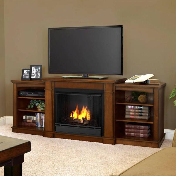 Real Flame Hawthorne 75 in. Media Console Gel Fuel Fireplace in Burnished Oak