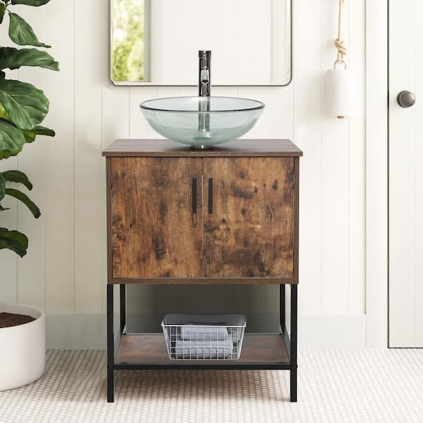 eclife 24 in. W x 20 in. D x 31.5 in. H Bath Vanity in Brown with Single Clear Tempered Glass Sink Top and Drain Faucet Set