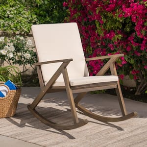 Gus Gray Wood Outdoor Rocking Chair with Cream Cushion