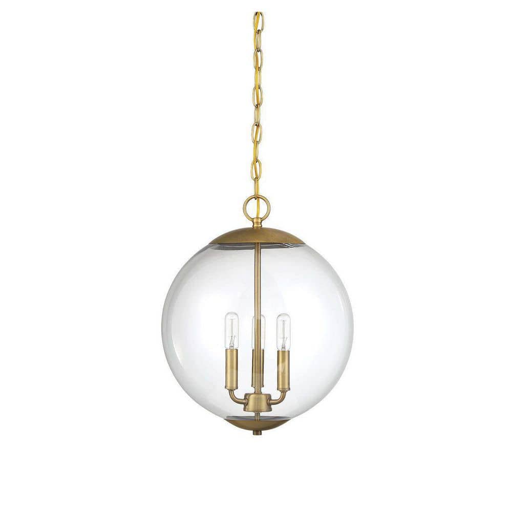 Contemporary Clear Glass Globe 3-Light Pendant in Natural Brass
