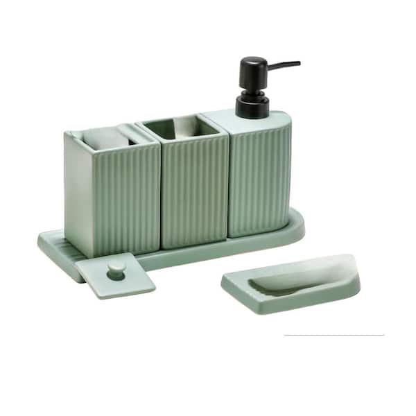 Adrinfly Freestanding Ceramic Toothbrush Holder Set with Tray & Liquid Soap Dispenser for Bathroom in Sage Green