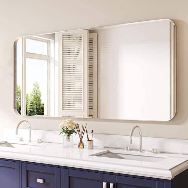 60 in. W x 28 in. H Rectangular Aluminum Framed Wall Bathroom Vanity Mirror in Silver