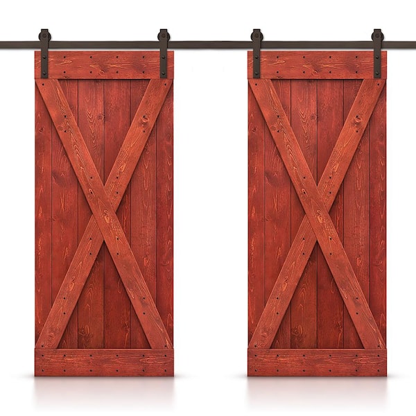 CALHOME X 48 in. x 84 in. Cherry Red Stained DIY Solid Pine Wood Interior Double Sliding Barn Door with Hardware Kit