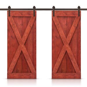 X 52 in. x 84 in. Cherry Red Stained DIY Solid Pine Wood Interior Double Sliding Barn Door with Hardware Kit