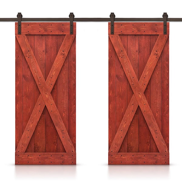 CALHOME X 52 in. x 84 in. Cherry Red Stained DIY Solid Pine Wood Interior Double Sliding Barn Door with Hardware Kit