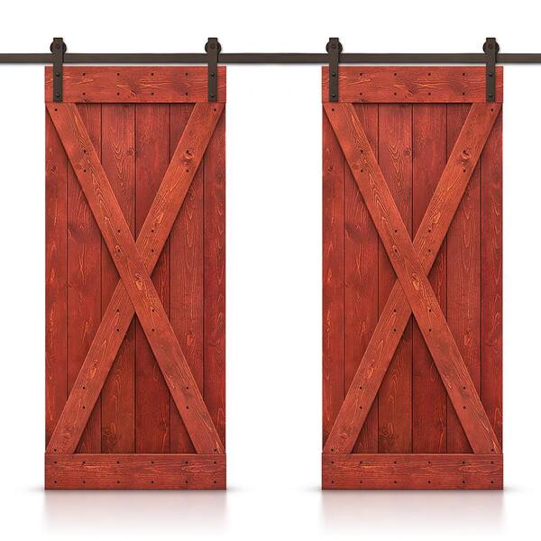 CALHOME X 88 in. x 84 in. Cherry Red Stained DIY Solid Pine Wood Interior Double Sliding Barn Door with Hardware Kit