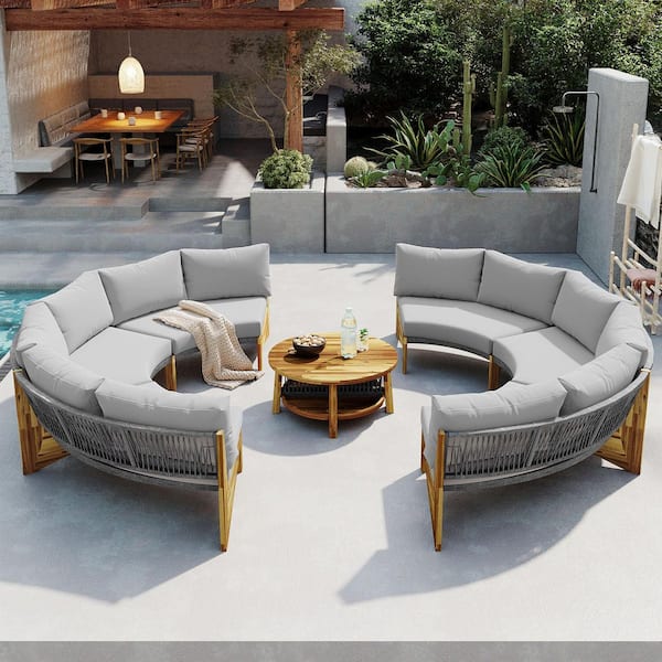 Unbranded Wood Outdoor Patio Conversation Set, 6-Person Seating Half-Moon Sectional Sets with Gray Cushions and Coffee Table