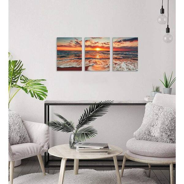 3-Piece 12 in. x 16 in. Framed Beach Ocean Sunrise Canvas Wall Art