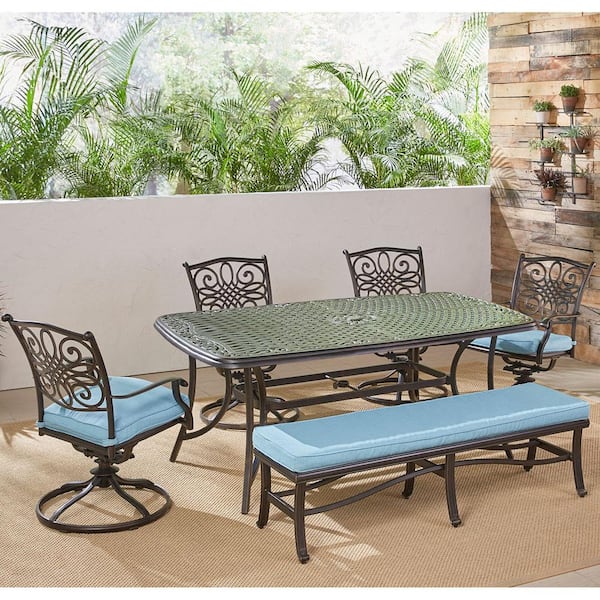 Hanover Traditions 6-Piece Aluminum Outdoor Dining Set with 4 Swivel Rockers, Cushioned Bench and Blue Cushions