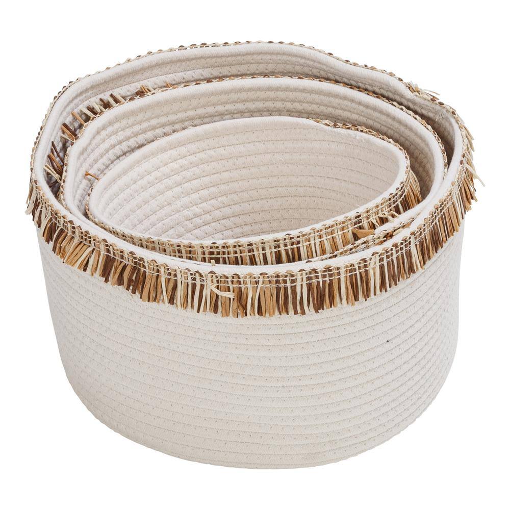 Set of 3 White Cotton Rope Round Baskets with Fringe