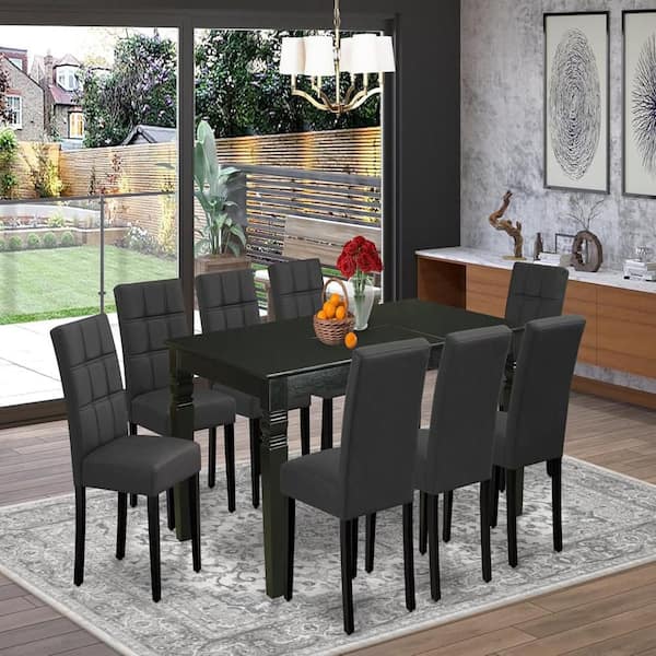 East West Furniture 9-Piece Rectangle Black Finish Solid Wood Top Dining Table with 8 Chairs with Butterfly Leaf Lattice Back