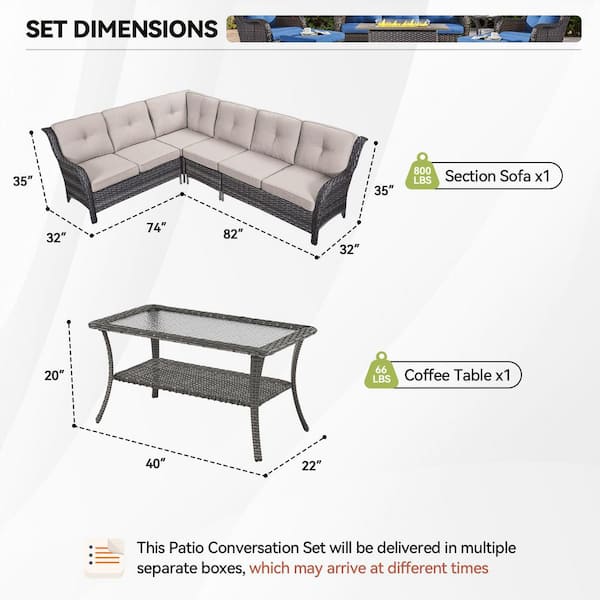 3-Piece Gray Wicker Patio Conversation Set with Olefin Beige Cushions/L-Shaped Sofa with Tempered Glass Coffee Table