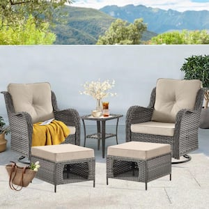 Gray 5-Piece Wicker Outdoor Swivel Rocking Chairs Patio Conversation Set with Ottomans Side Table Beige Cushions