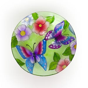 18 in. Round Outdoor Birdbath Bowl Topper with Painted Purple Butterfly and Floral Design