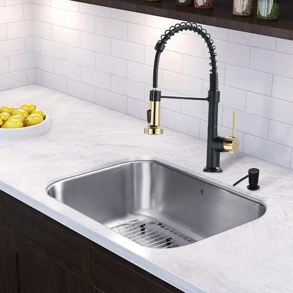 Single-Handle No Sensor Gooseneck Pull-Down Sprayer Kitchen Faucet in Matte Black with Gold