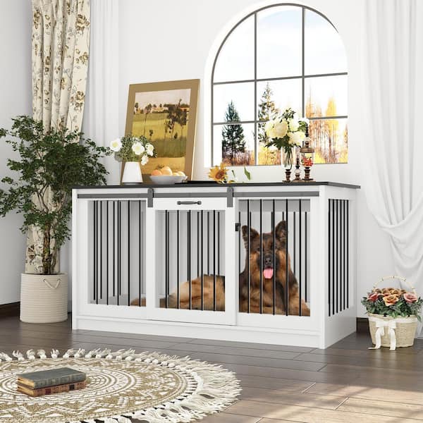 FUFU&GAGA Wooden Heavy-Duty Dog Pens, Large Dog Crate House with Sliding Door for Large Medium Small Dogs, White