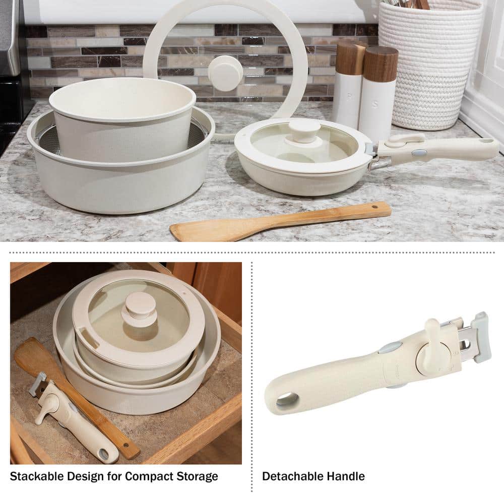 Cream 8-Piece Nonstick Aluminum Cookware Set with Detachable Handle
