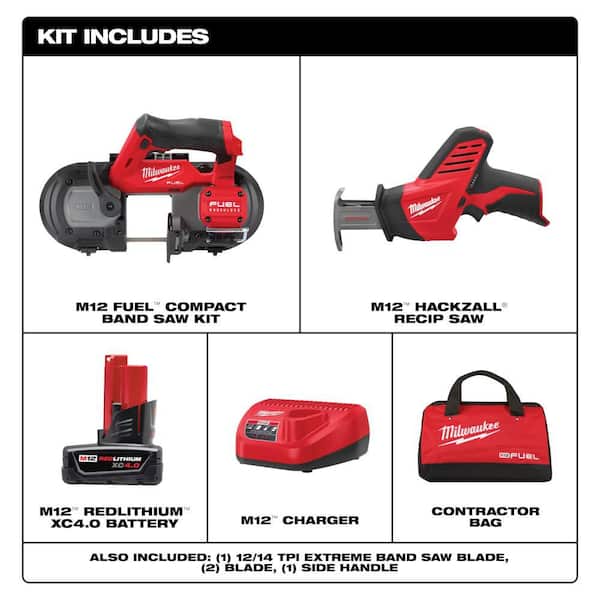 M12 FUEL 12V Lithium-Ion Cordless Compact Band Saw XC Kit with One 4.0 Ah Battery, Charger, Bag & M12 Recip Saw