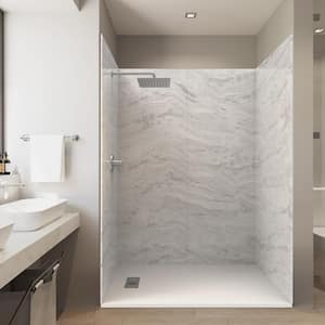 60 in. L x 36 in. W x 84 in. H Solid Composite Stone Alcove Shower Kit Sierra Light Walls and L/R White Sand Shower Pan