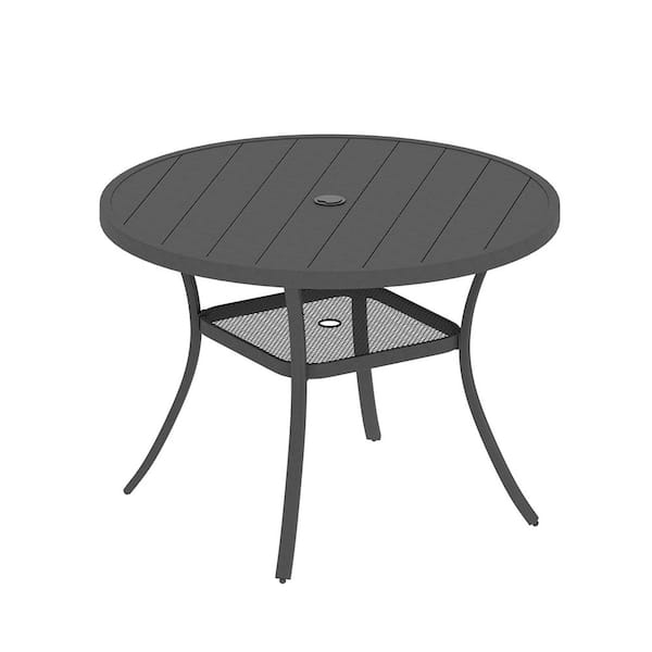 Dark Gray Metal 42 in. All Weather Round Outdoor Dining Table with 1.57 in.-1.90 in. Umbrella Hole for 4 People