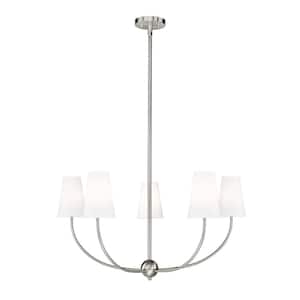 Shannon 32 in. 5-Light Brushed Nickel Shaded Chandelier Light with White Glass Shade with No Bulbs Included