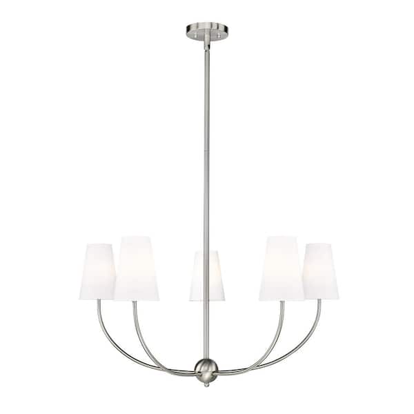 Unbranded Shannon 32 in. 5-Light Brushed Nickel Shaded Chandelier Light with White Glass Shade with No Bulbs Included