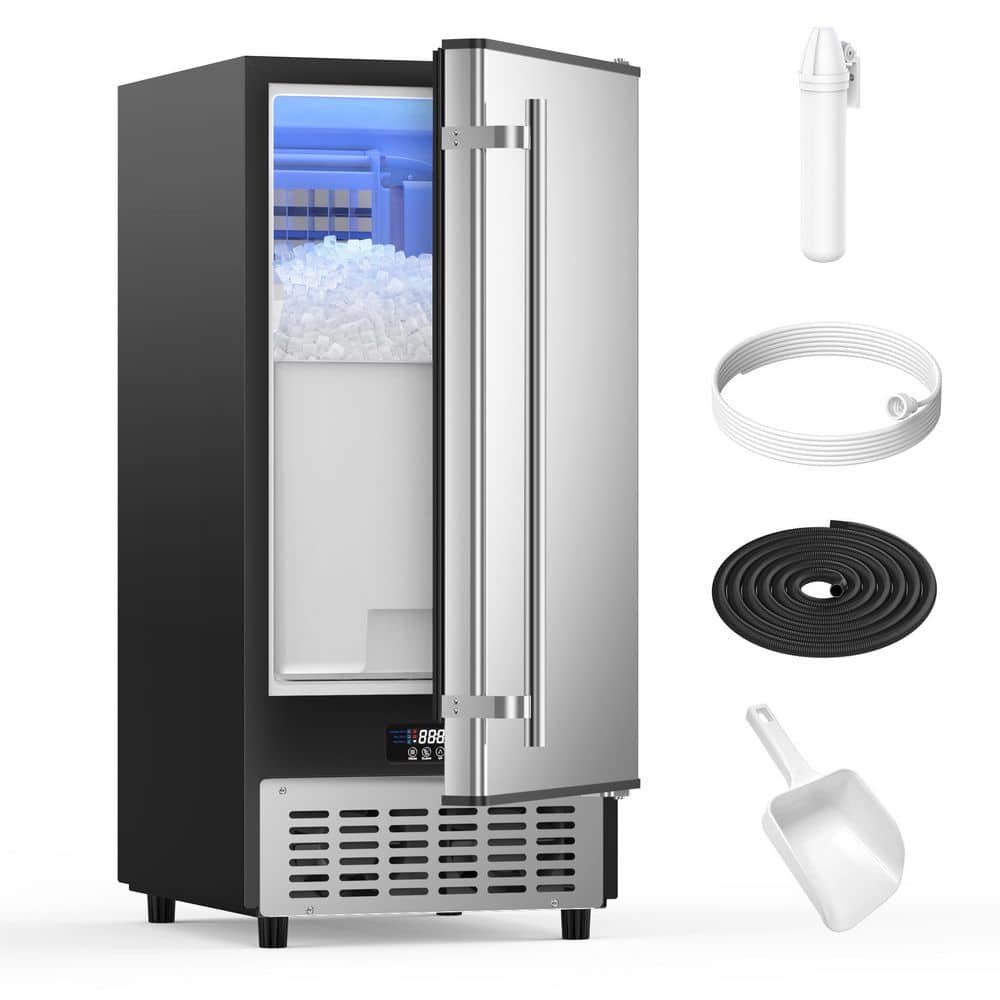 15 in. 80 lb. Undercounter Full Size Cubes Ice Maker, Freestanding Ice Machine in Stainless Steel with 40 lbs. Storage