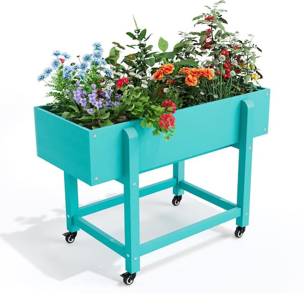 LUE BONA 39.4 in. x 16.7 in. x 28 in. Aruba Blue Plastic Mobile Elevated Garden Beds with Lockable Wheels, Liner