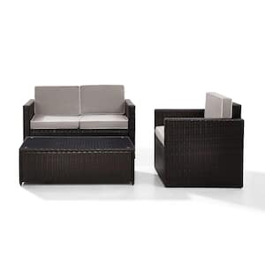 Palm Harbor 3-Piece Outdoor Wicker Seating Set With Grey Cushions-Loveseat, Chair and Glass Top Table