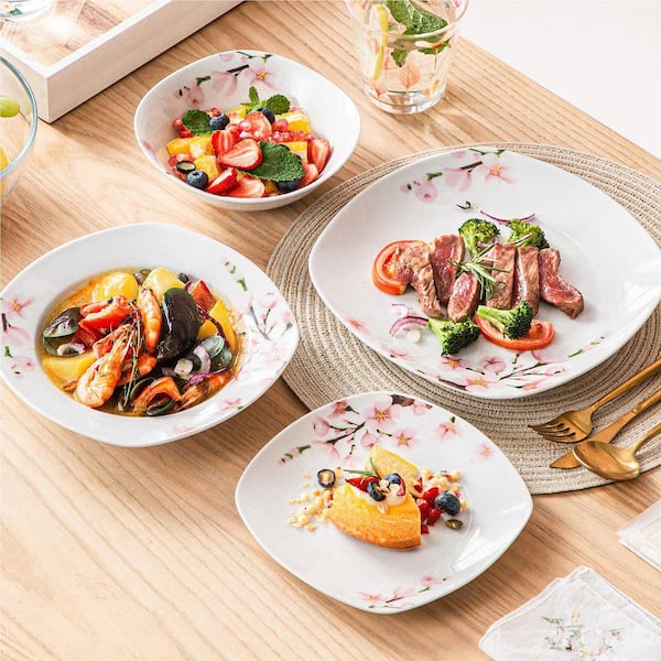 VEWEET 48-Piece Pink Floral Ivory White Porcelain Dinnerware (Set