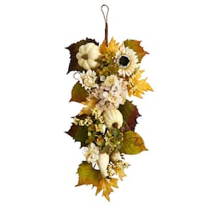 33 in. Green Fall Sunflower, Hydrangea and White Pumpkin Artificial Autumn Teardrop