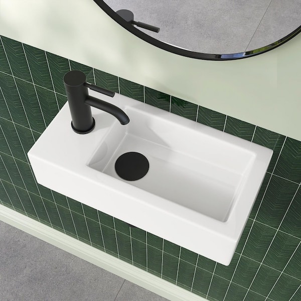 Zeara 14.6 x 7 x 3.5 in. Rectangular Ceramic Wall Mount Small Vessel Sink Wall Hung with Left Side Faucet Mount in White